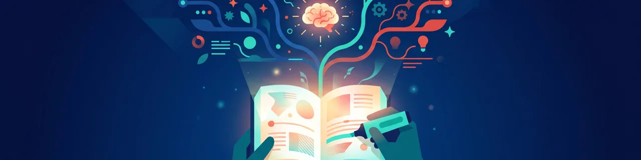 Zwei Hände halten ein aufgeschlagenes leuchtendes Buch, aus dem Gehirn, Symbole und Ideen strömen