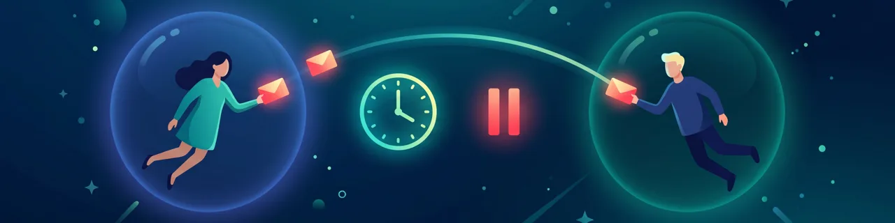 Frau und Mann in Blasen tauschen Briefe aus, dazwischen Uhr und Pause-Symbol