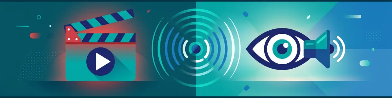 Filmklappe mit Play-Symbol, Schallwelle und ein Auge mit Audiosymbol als Sinnbild für Audiodeskription