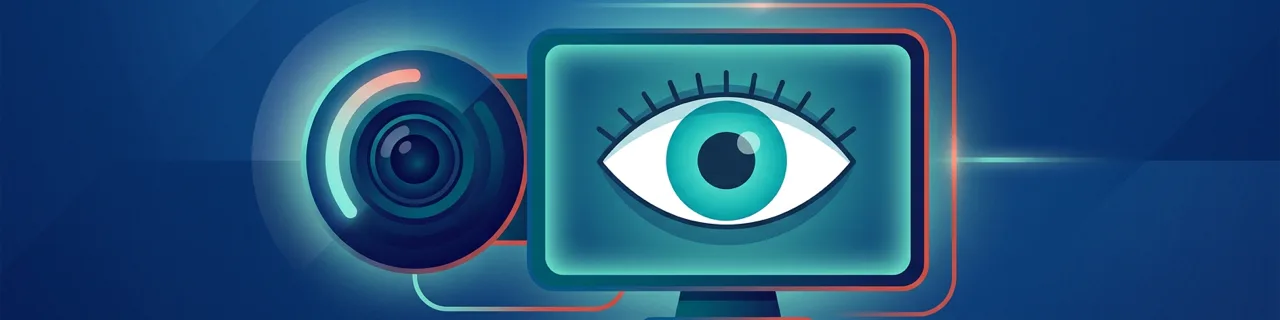Flache Illustration einer Webcam, eines Auges und eines Monitors als Sinnbild für Augenkontakt im Videocall