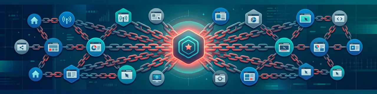 Netzwerk verbundener Webseiten mit Kettengliedern, die auf einen zentralen Knoten zulaufen