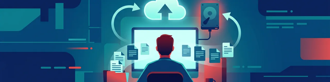 Person von hinten vor Monitor mit Dokumenten, Cloud-Upload-Symbol und externer Festplatte
