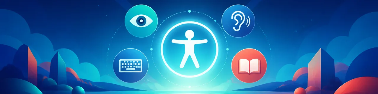 Das Symbol fuer Barrierefreiheit umgeben von Icons fuer Sehen, Hoeren, Tastatur und Lesen
