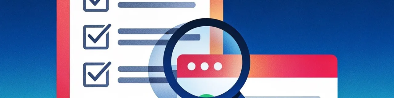 Eine Checkliste und eine Lupe pruefen eine Webseite mit gruenem Haekchen und rotem Kreuz