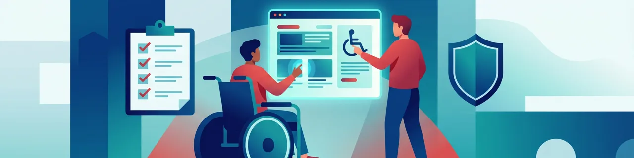 Person im Rollstuhl und Mann betrachten Webseite mit Rollstuhl-Symbol und Checkliste