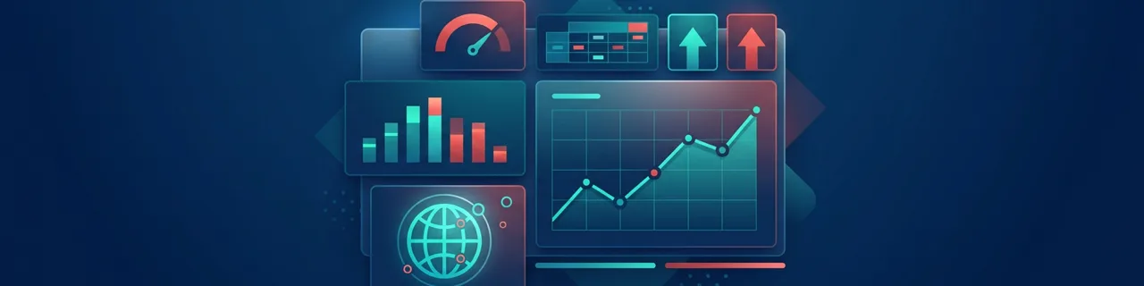 Dashboard mit Tacho, Balkendiagramm, steigender Kurve und Globus