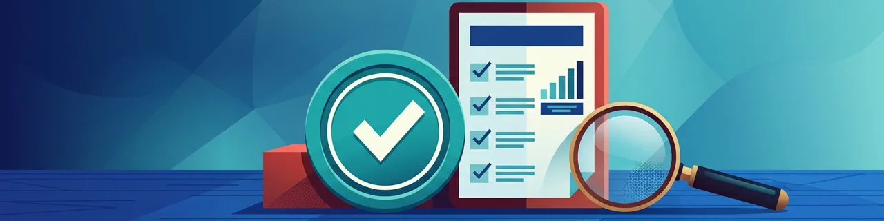 Ein Prüfsiegel, eine Checkliste mit Bewertungsskala und eine Lupe als Symbol für das offizielle BITV-Test-Prüfverfahren