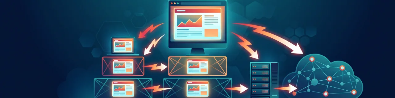 Monitor sendet Pfeile zu Laptop, Drahtgitter-Boxen, Server und Cloud-Netzwerk