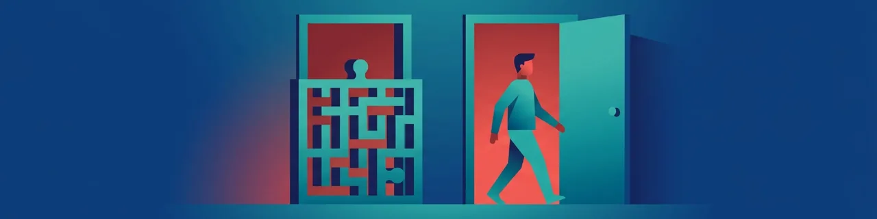 Person hinter einer Labyrinth-Tür neben einer Person, die durch eine offene Tür geht