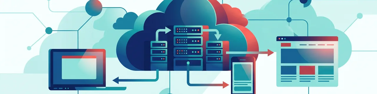 Ein Wolken-Symbol mit Servern, verbunden mit Laptop, Handy und Webseite