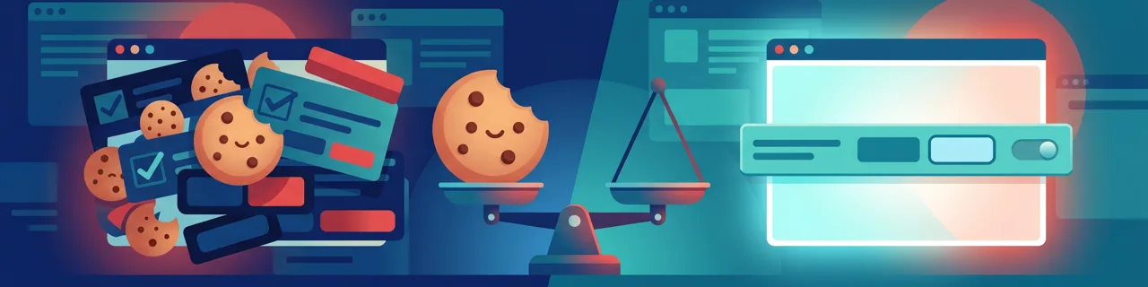 Cookies und Checkboxen auf einer Waage, daneben Browserfenster mit Schieberegler
