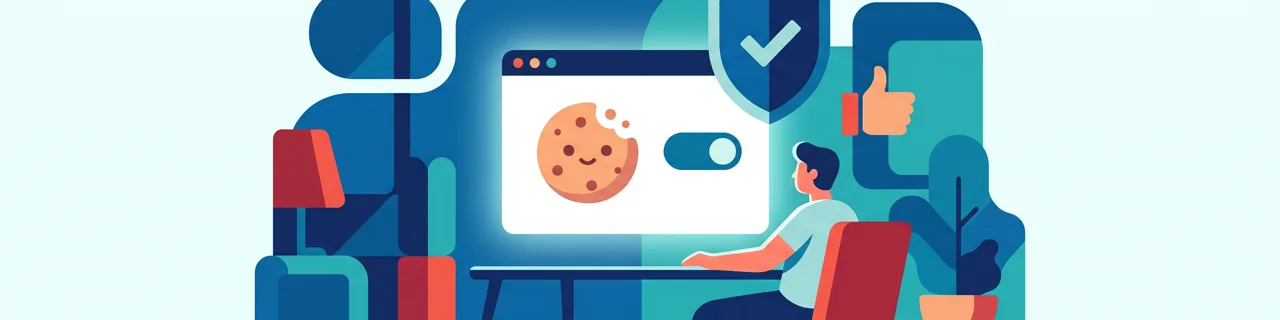 Person am Computer mit Cookie-Symbol, Schieberegler, Schutzschild mit Häkchen und Daumen hoch
