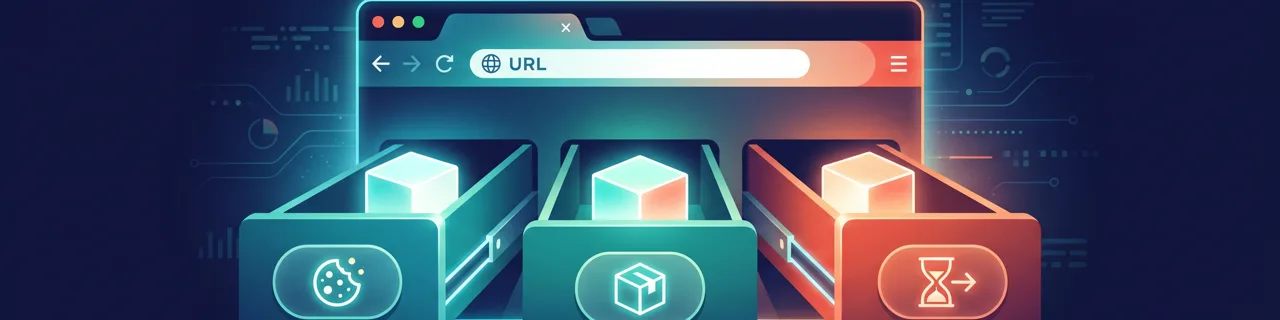 Browserfenster mit URL-Leiste über drei Schubladen mit Cookie- und Box-Symbolen