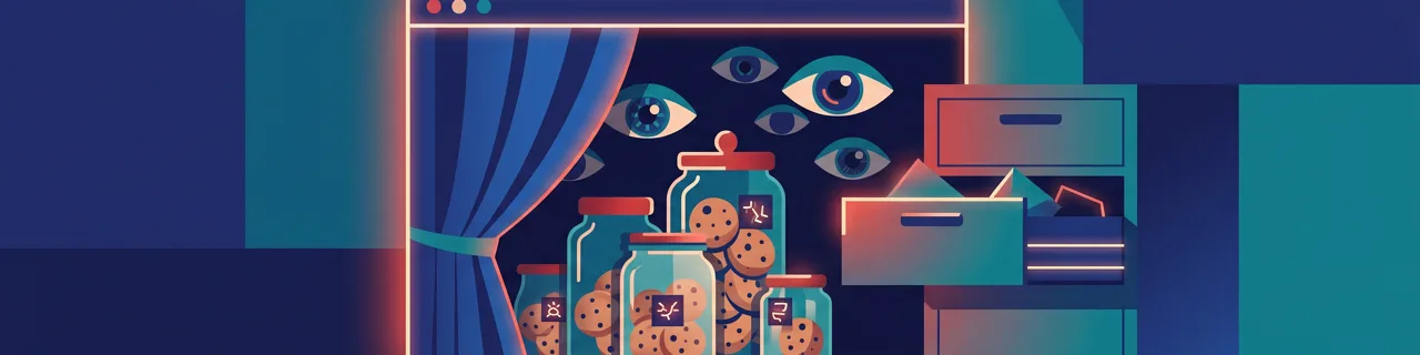 Cookie-Gläser am Browserfenster, dahinter beobachtende Augen und offene Schublade