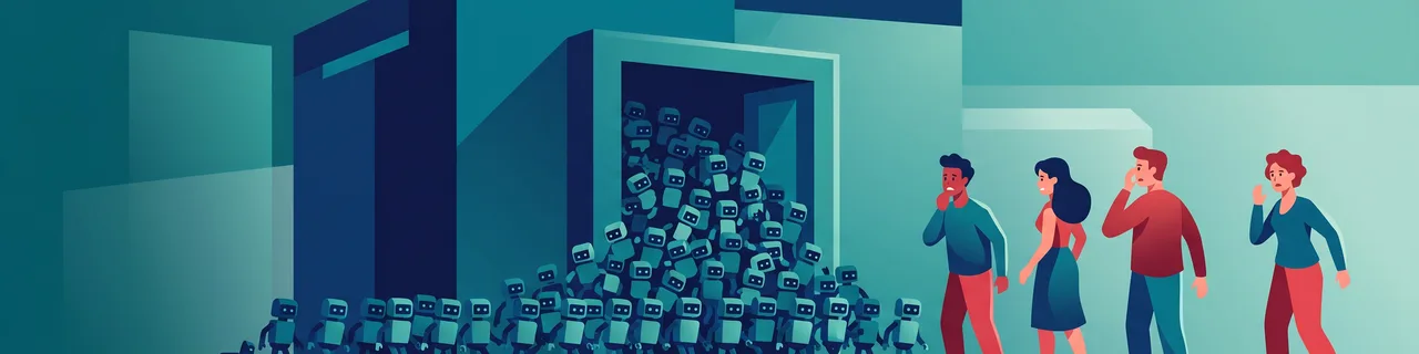 Eine Webseiten-Tür wird von einer Flut identischer Bot-Figuren überrannt