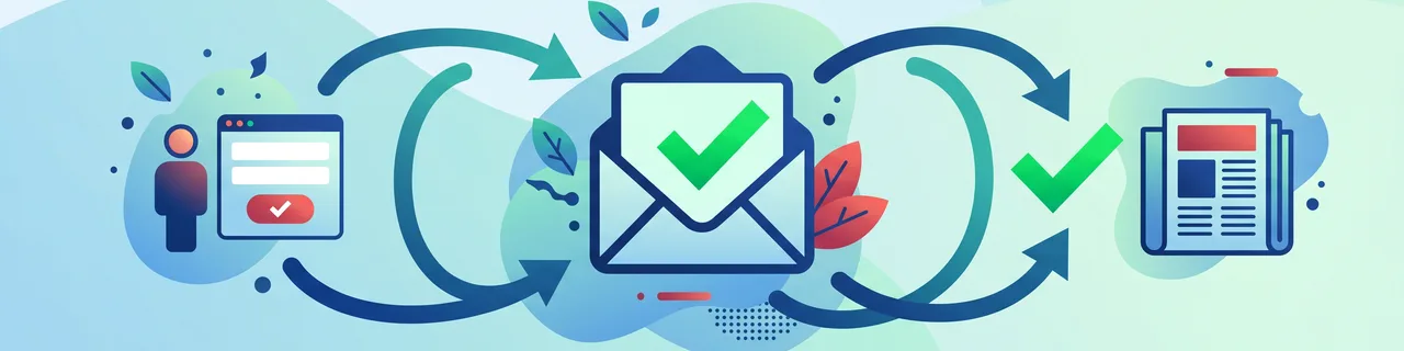 Ein E-Mail-Umschlag mit zweistufiger Bestätigungs-Schleife und Häkchen