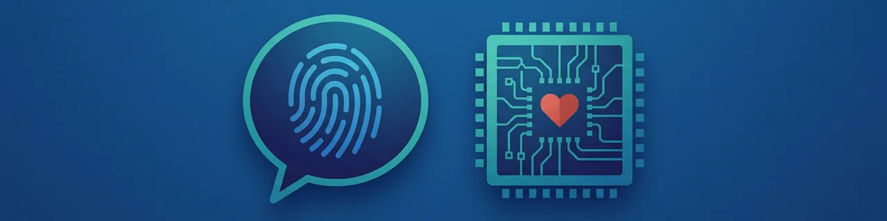 Sprechblase mit Fingerabdruck und ein Mikrochip mit Herz-Symbol in Blau, Türkis und Rot