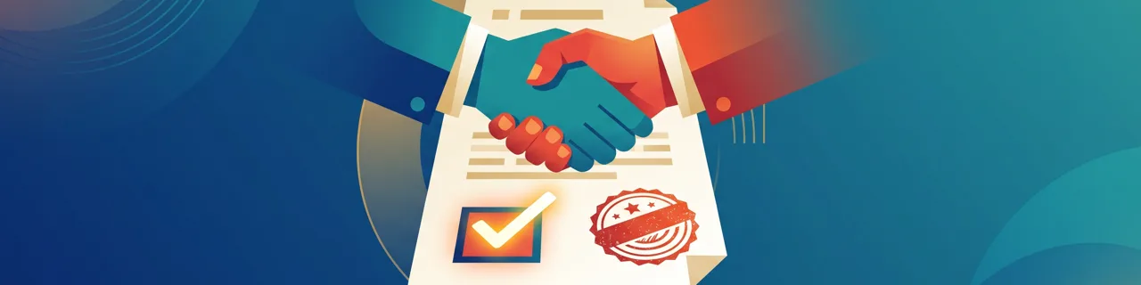 Handschlag über einer Zustimmungs-Checkbox mit grünem Haken und Stempel