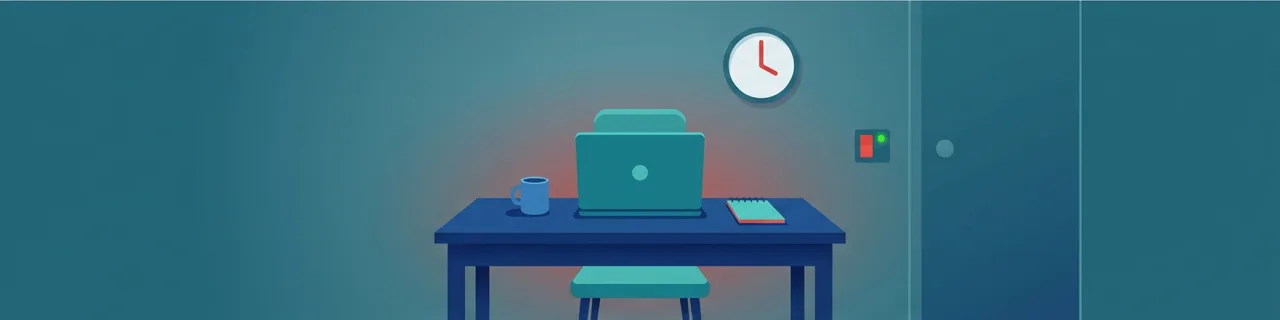 Heller Schreibtisch zu Hause mit Wanduhr und angedeuteter Tür im Hintergrund als Symbol für klare Erreichbarkeitsfenster im Homeoffice