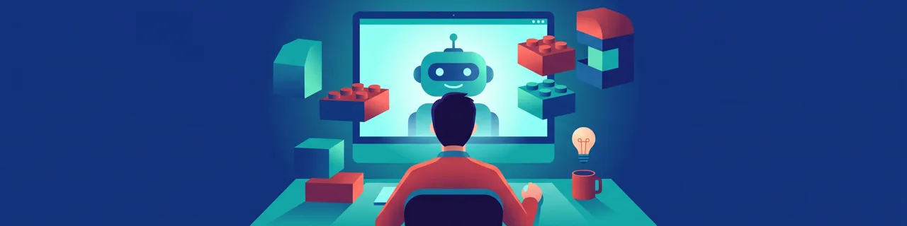 Person von hinten am Schreibtisch vor Monitor mit lächelndem Roboter und schwebenden Bausteinen