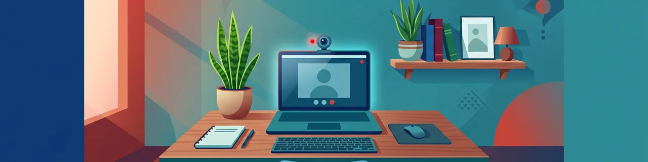 Aufgeräumter Schreibtisch mit Webcam, Regal und Pflanze als Hintergrund für einen Videocall