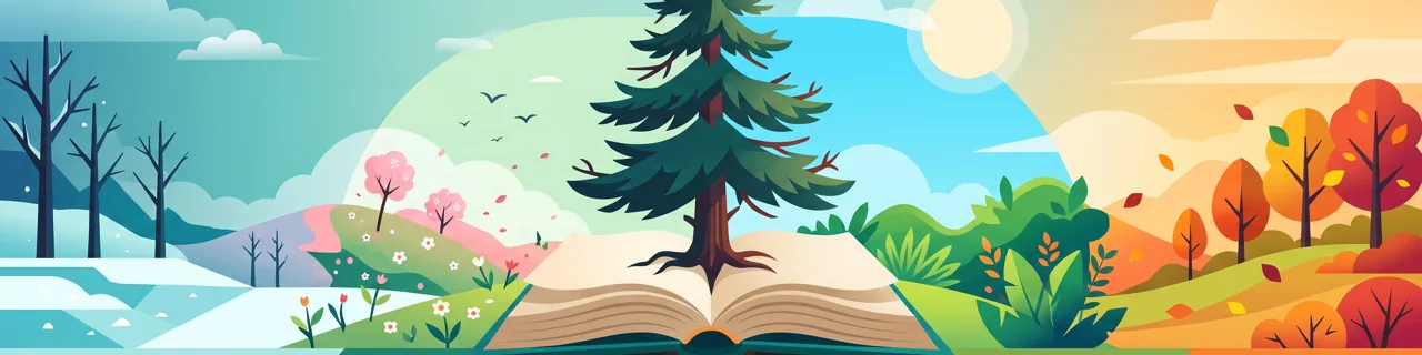 Robuster immergrüner Baum wächst aus einem aufgeschlagenen Buch durch die Jahreszeiten
