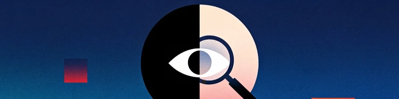 Ein geteilter Kreis aus hohem und niedrigem Kontrast mit Auge und Lupe