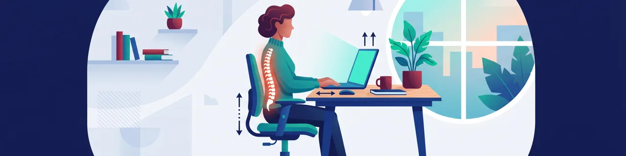 Frau sitzt aufrecht am ergonomischen Schreibtisch mit Laptop, Wirbelsäulen-Symbol und Fenster mit Pflanzen