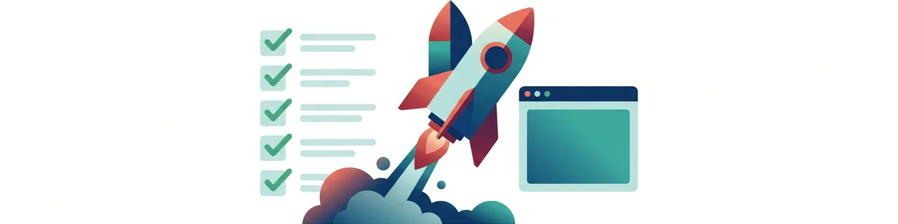 Eine Checkliste mit Häkchen neben einer startenden Rakete und einem Browser