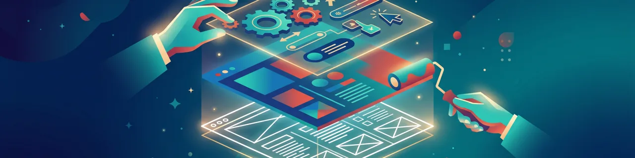 Zwei Hände bauen isometrische Webseite aus Zahnrädern, Code und Layout-Ebenen