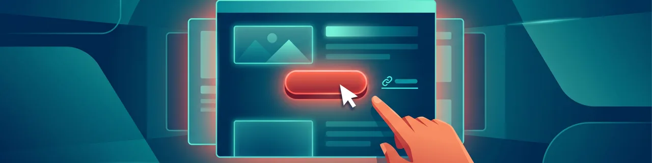 Finger mit Mauszeiger drückt roten Button auf einem Interface, daneben Link-Symbol
