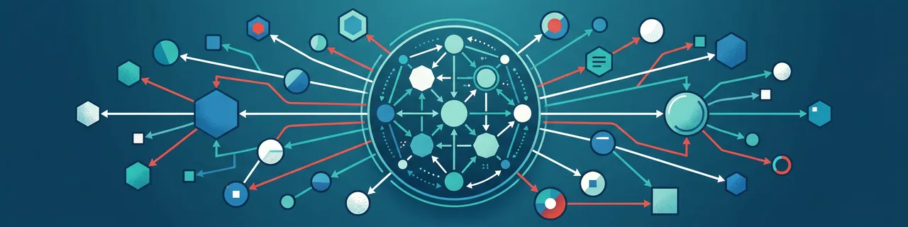 Ein Netz aus verbundenen Seiten-Knoten, einige Linien führen nach außen