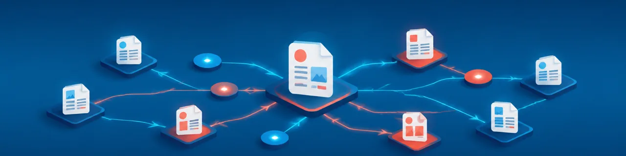 Ein zentrales Dokument mit Pfeil-Verbindungen zu umliegenden Seiten-Karten als Netzwerk