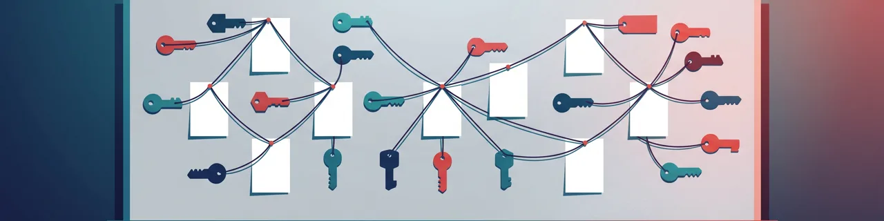 Schlüssel-Tags sind über Fäden mit einzelnen Seiten-Knoten auf einer Planungstafel verbunden