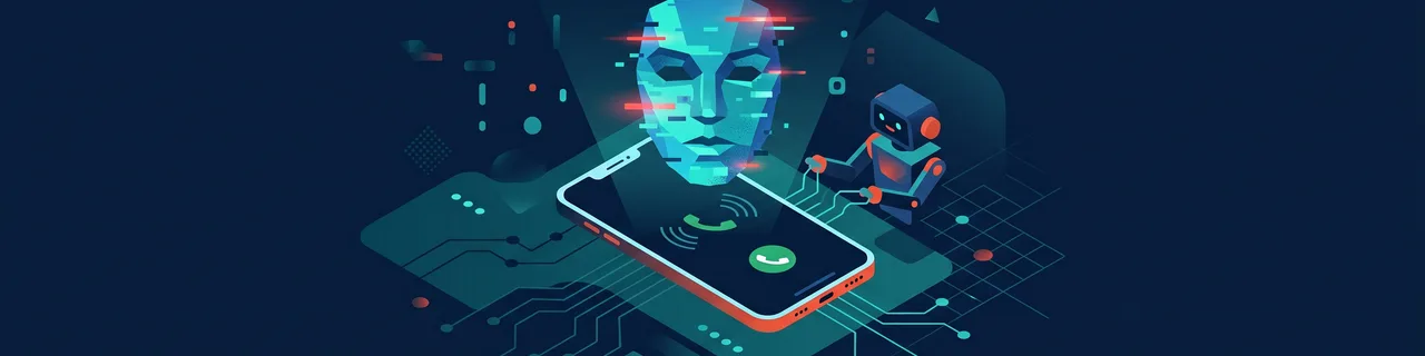 Ein Smartphone mit Deepfake-Gesichtsmaske und kleinem Roboter, Sinnbild für KI-Betrug