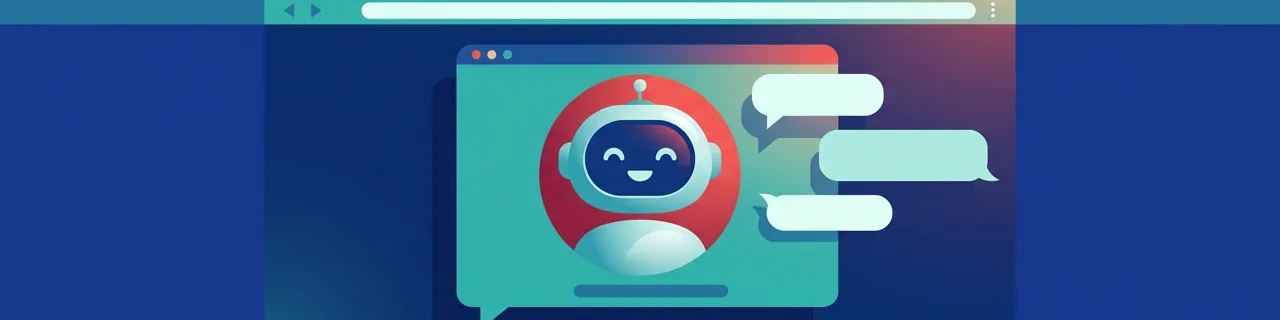 Ein freundlicher Roboterkopf in einem Chatfenster auf einem Browser, leere Sprechblasen