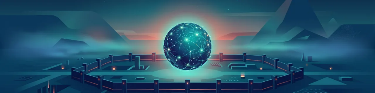 Eine leuchtende neuronale Kugel von einem Zaun umgeben, dahinter Nebel und unbekanntes Gebiet