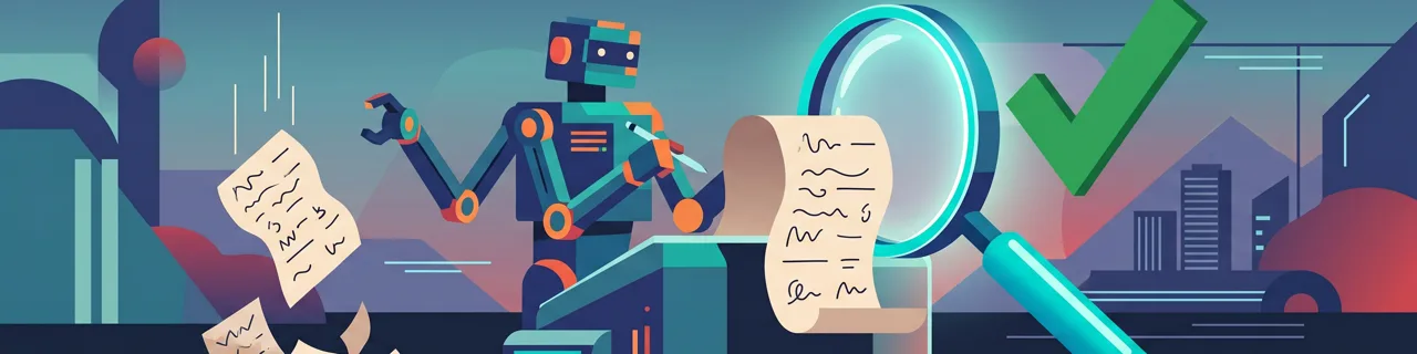 Roboter schreibt Zettel, eine Lupe und grünes Häkchen prüfen das Geschriebene