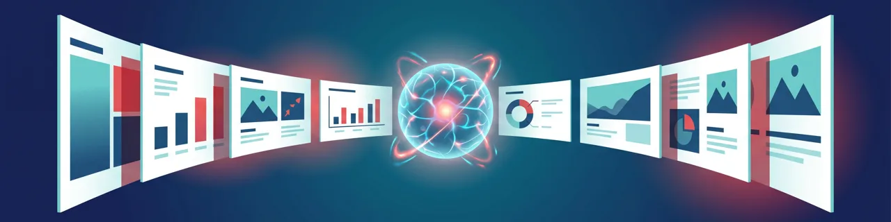 Eine leuchtende neuronale Kugel erzeugt eine Reihe Präsentationsfolien mit leeren Diagrammen