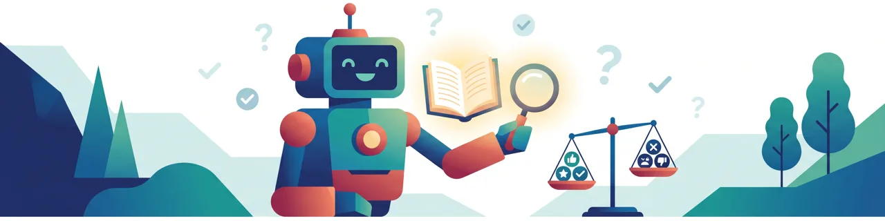 Lächelnder Roboter hält aufgeschlagenes Buch und Lupe, daneben eine Waage mit Daumen-Symbolen