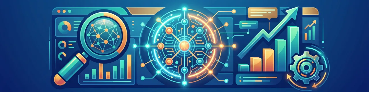 Eine neuronale Kugel hilft an einem SEO-Dashboard mit Lupe, steigendem Diagramm und Zahnrad