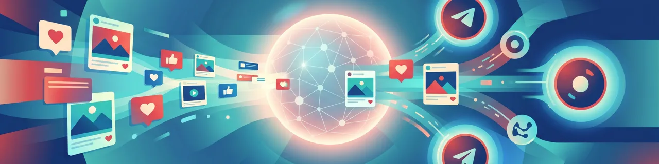 Eine leuchtende Kugel erzeugt einen Strom aus Social-Media-Karten zu mehreren Kanälen