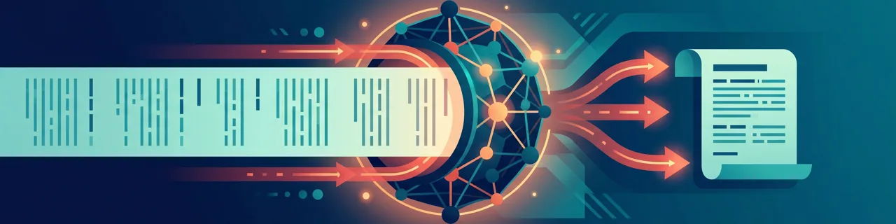 Ein langes Dokument läuft durch eine neuronale Linse und kommt als kürzeres, umgeformtes Dokument heraus