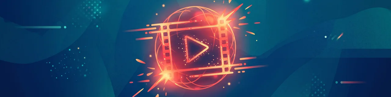 Eine leuchtende neuronale Kugel erzeugt aus Funken ein Filmbild mit Play-Button und Bewegungsstreifen