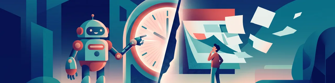 Roboter zeigt auf eine Uhr, getrennt von einem Mann vor wegfliegenden Papierblättern