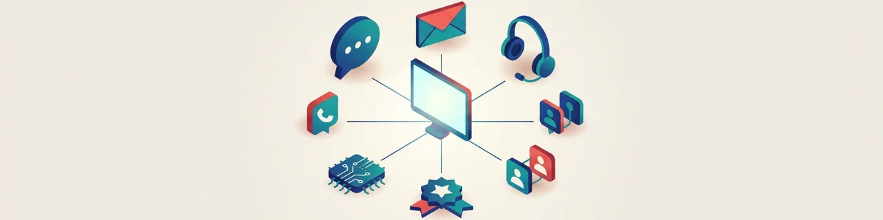 Isometrische Illustration eines zentralen Bildschirms, sternförmig verbunden mit Sprechblase, Briefumschlag, Headset, Telefon, Personen-Kacheln, Bewertungsstern und Mikrochip