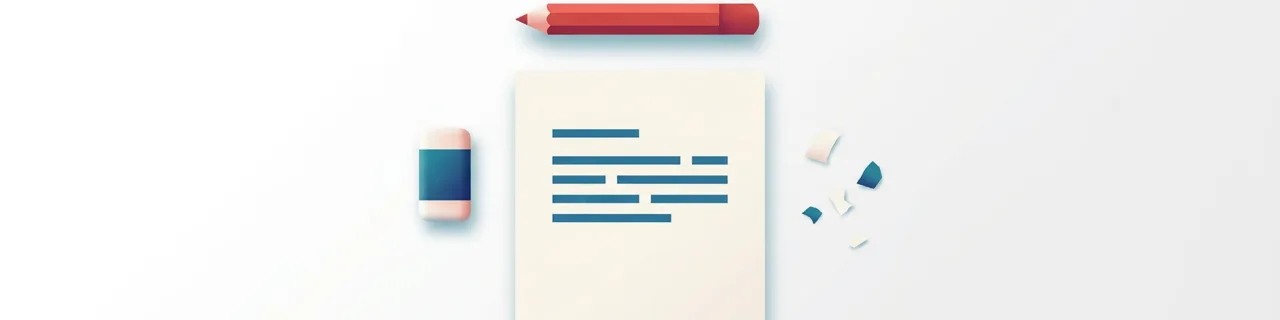 Roter Rotstift über einem Blatt mit gekürzten Textzeilen, daneben Radiergummi und Papierschnipsel als Symbol fürs Kürzen von Texten