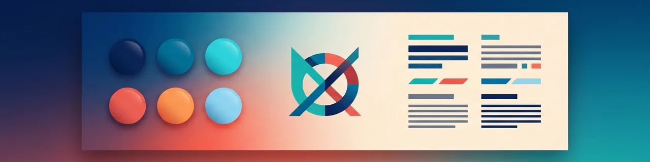 Ein Marken-Board mit abstraktem Logo-Symbol, Farbmustern und Schriftproben
