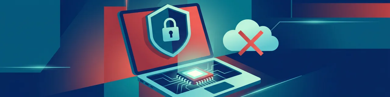 Ein leuchtender Chip im Laptop mit Schutzschild und Schloss, daneben eine durchgestrichene Wolke