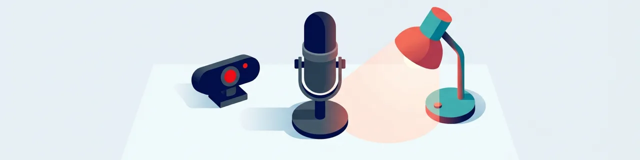 Flache Illustration von Mikrofon, Webcam und Schreibtischlampe auf einem hellen Schreibtisch als Sinnbild für gute Präsenz im Videocall
